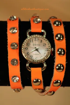 Neon Orange/White Silver Studs & Clear Rhinestones | Leather Band w/ Button Clasp