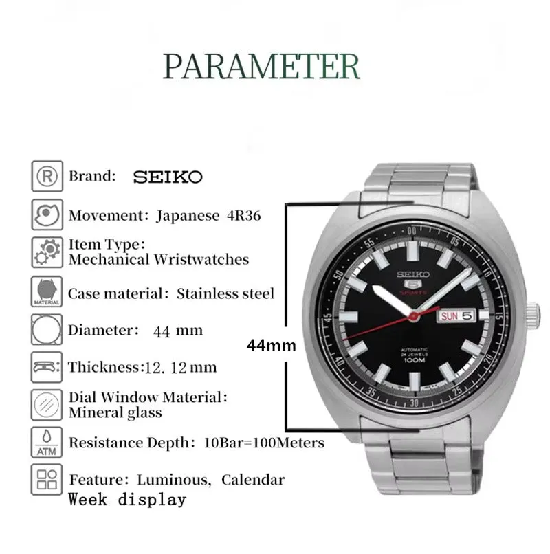 New  5 Original Automatic Mechanical Sports Watch for Men 10Bar Waterproof Luminous Brand Watches Stainless Steel Band