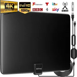 New Biling TV Antenna,Indoor TV Antenna 120 Miles Freeview Aerial with Amplifier Signal Booster,4K 1080P Ultra HD Stronger Reception TV Signals,VHF/UHF/FM & 13.2FT Coax Cable & USB Power Adapter