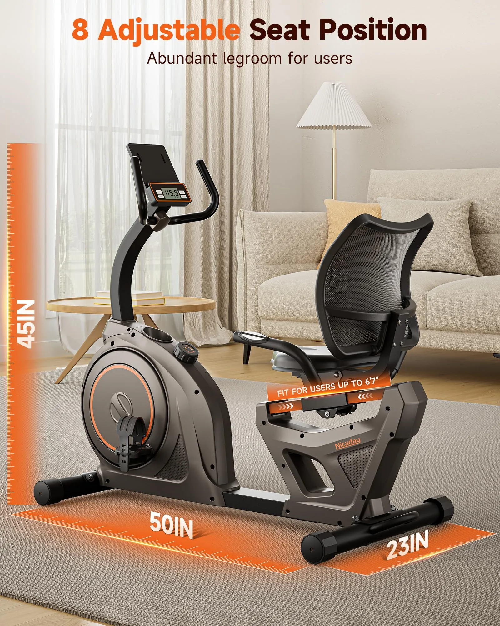 Niceday Recumbent Exercise Bike, Recumbent Bike for Home, Recumbent Stationary Bike 400LBS Weight Capacity, Magnetic Recumbent Bike with Smart APP, LCD Monitor, Heart Rate Handle