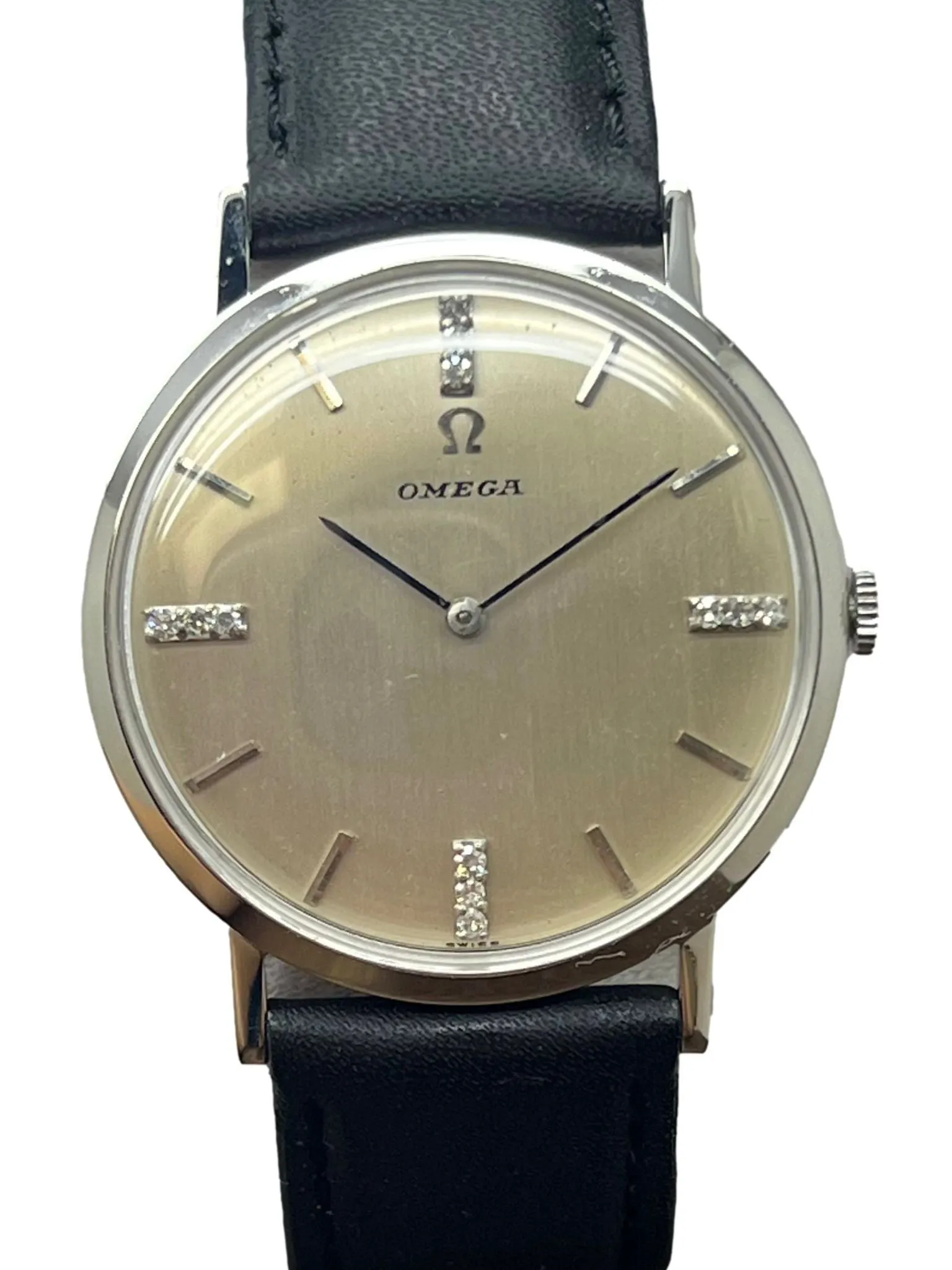 Omega 14k Solid Gold Ultra Thin Vintage 33mm Silver Diamond Dial manual wind Watch