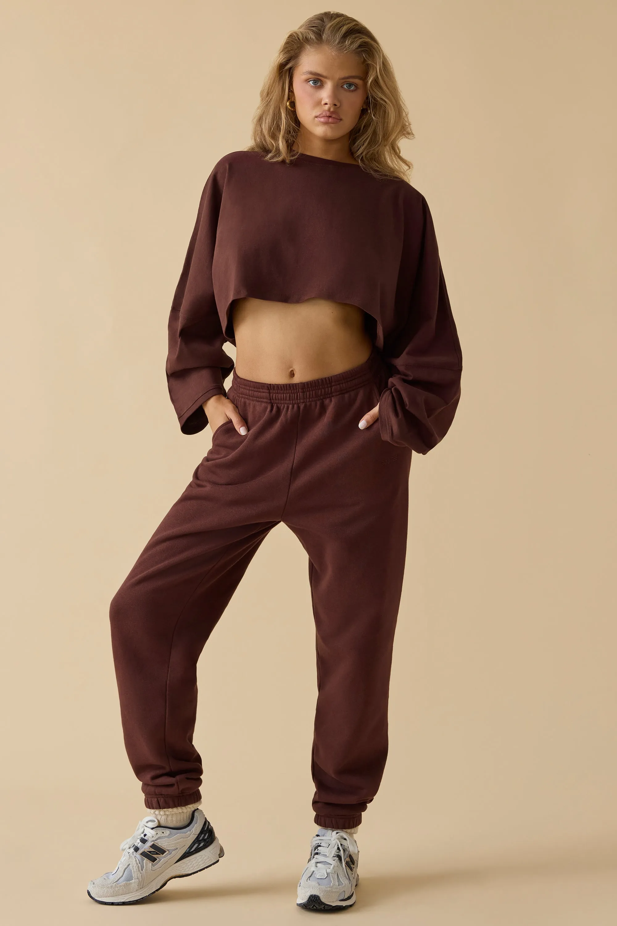 Oversized Long Sleeve Crop Top in Mahogany