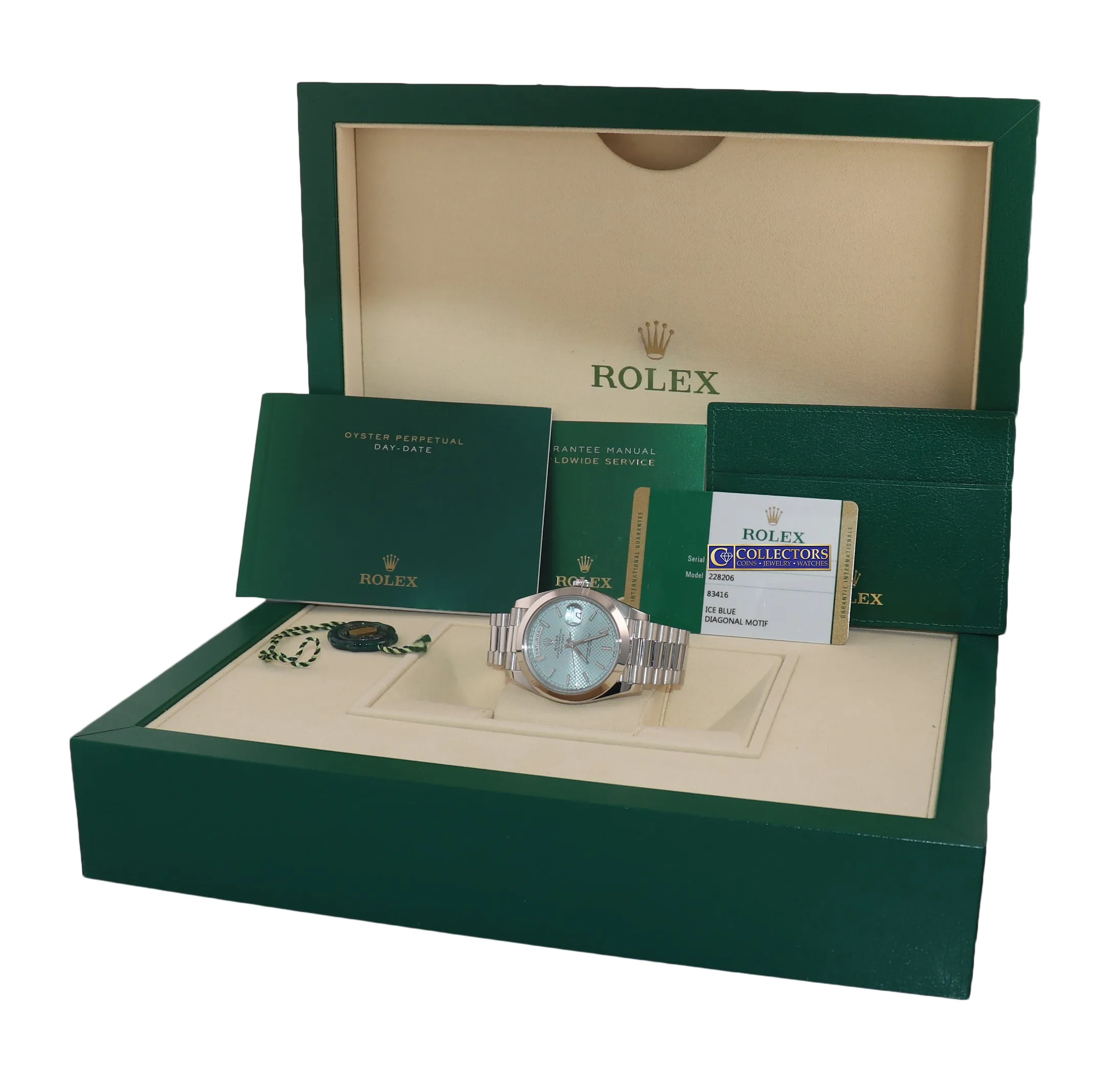 PAPERS NEW 2019 Rolex Platinum President Day Date Blue Motif 228206 Watch Box