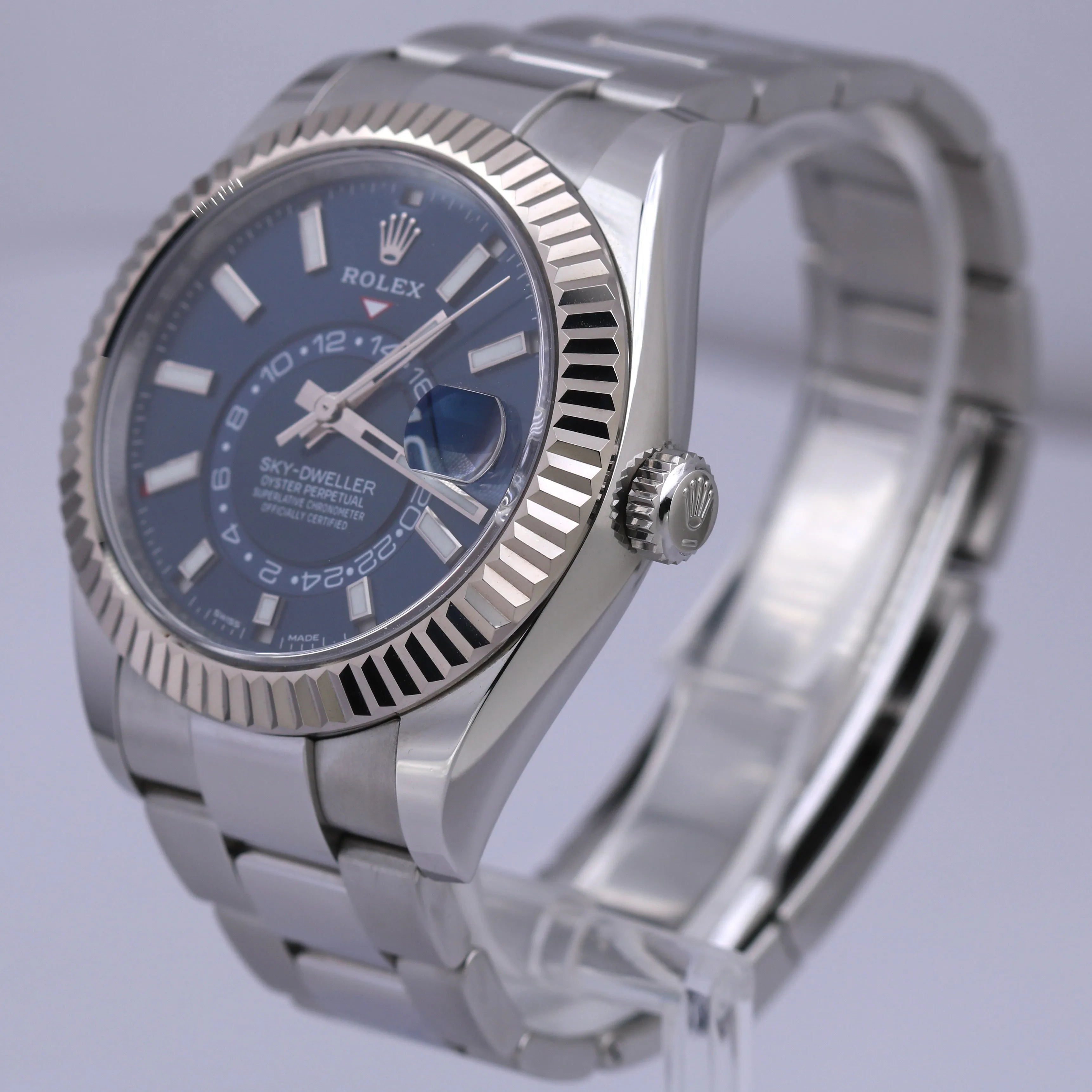 PAPERS Rolex Sky-Dweller 18K White Gold Steel BLUE 42mm Oyster Watch 326934 B P