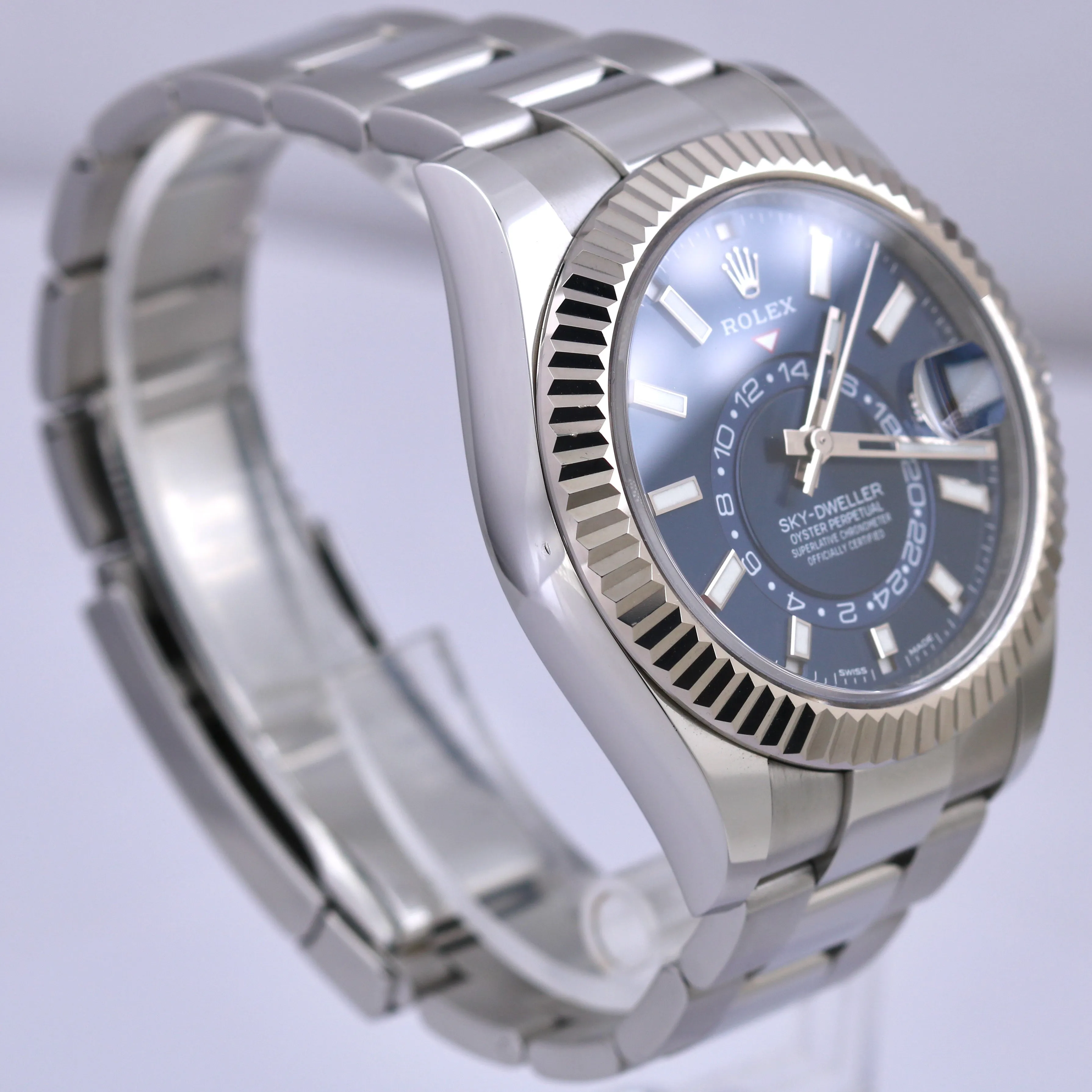 PAPERS Rolex Sky-Dweller 18K White Gold Steel BLUE 42mm Oyster Watch 326934 B P