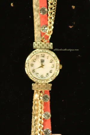 Pink & Gold/White, Gold Chain, Clear Rhinestones | Leather Band w/ Button Clasp
