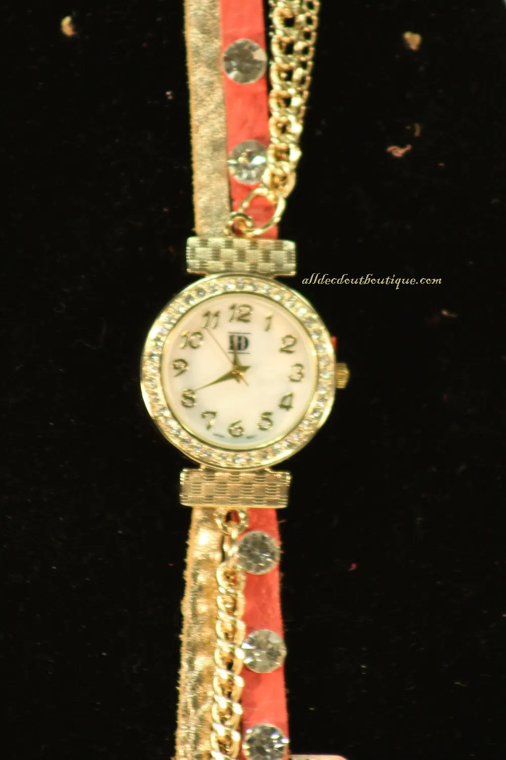 Pink & Gold/White, Gold Chain, Clear Rhinestones | Leather Band w/ Button Clasp