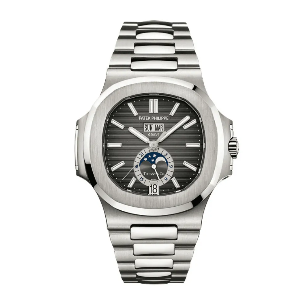 PP Luxury Watches Nautilus 5726/1A-001 'Tiffany & Co.' Annual Calendar Moon Phases Stainless Steel Grey Dial
