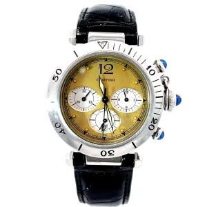 Pre-owned Cartier Unisex Pasha Stainless Black Leather Strap Gold Dial Chrono Watch model 1050-1