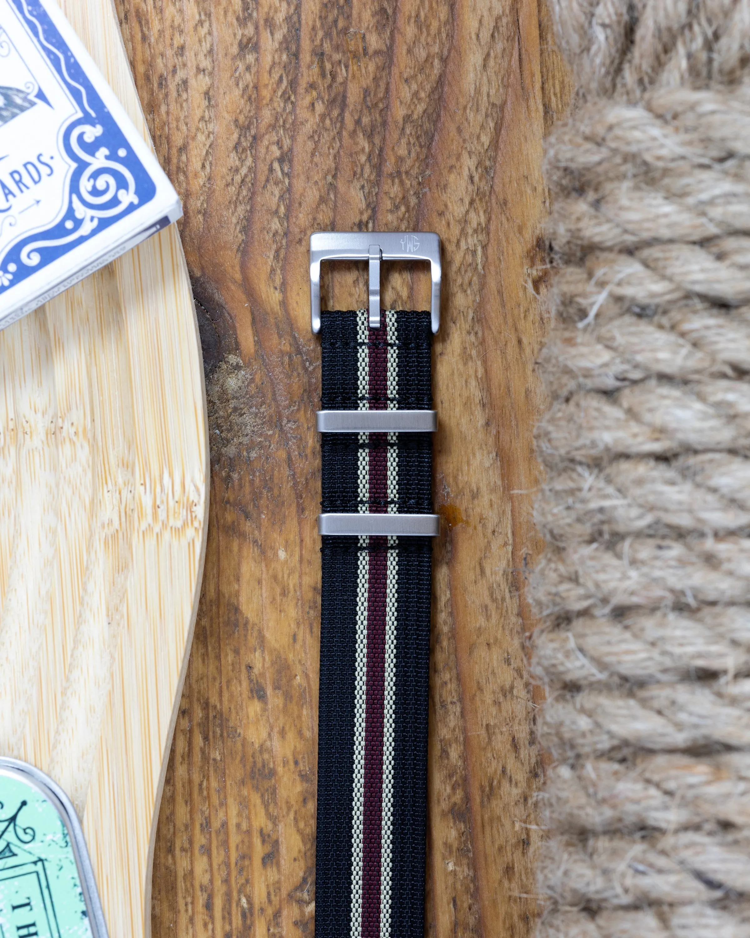 Premium Nylon Braided Ribbed Single Pass Watch Strap - Black Khaki Red