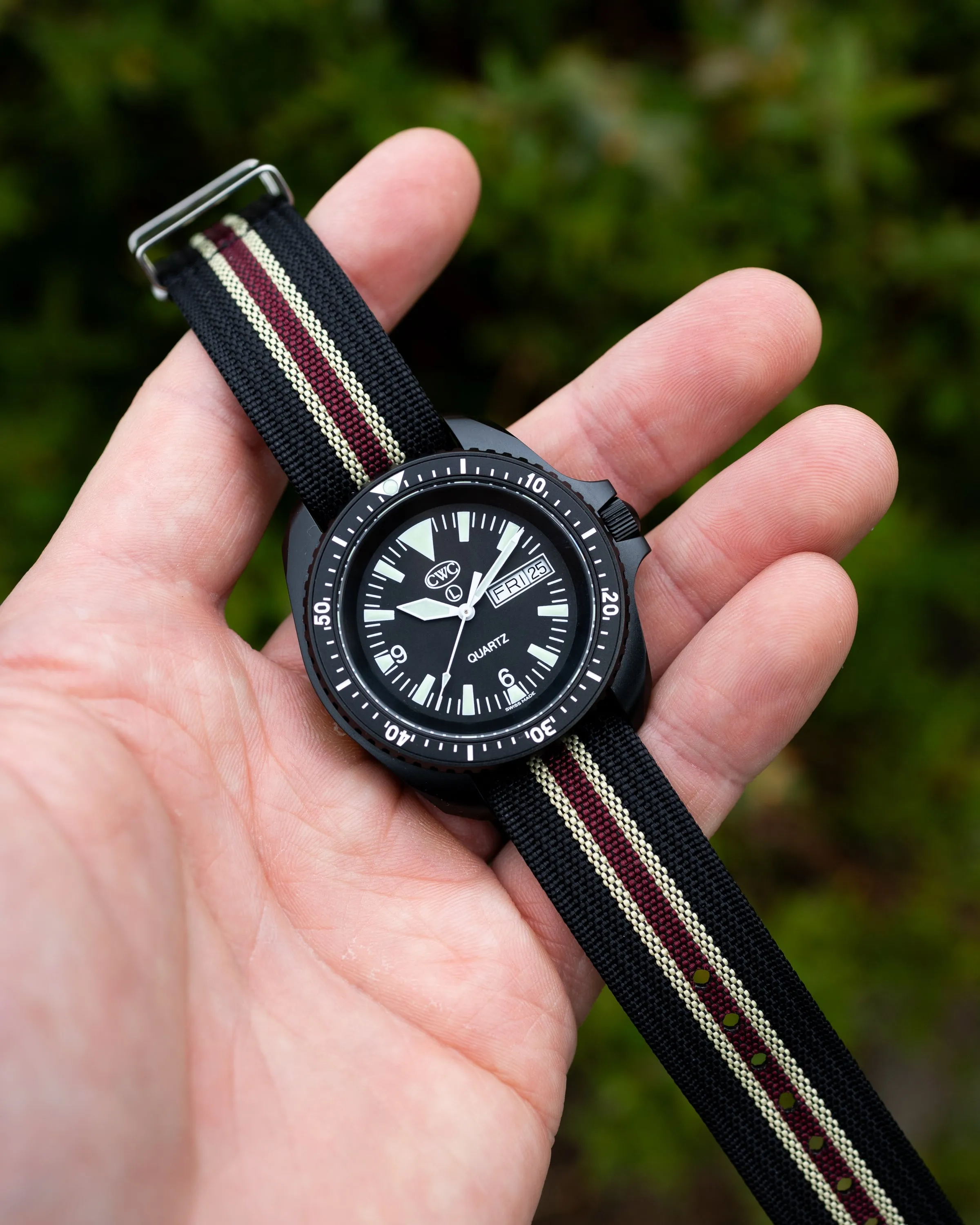 Premium Nylon Braided Ribbed Single Pass Watch Strap - Black Khaki Red