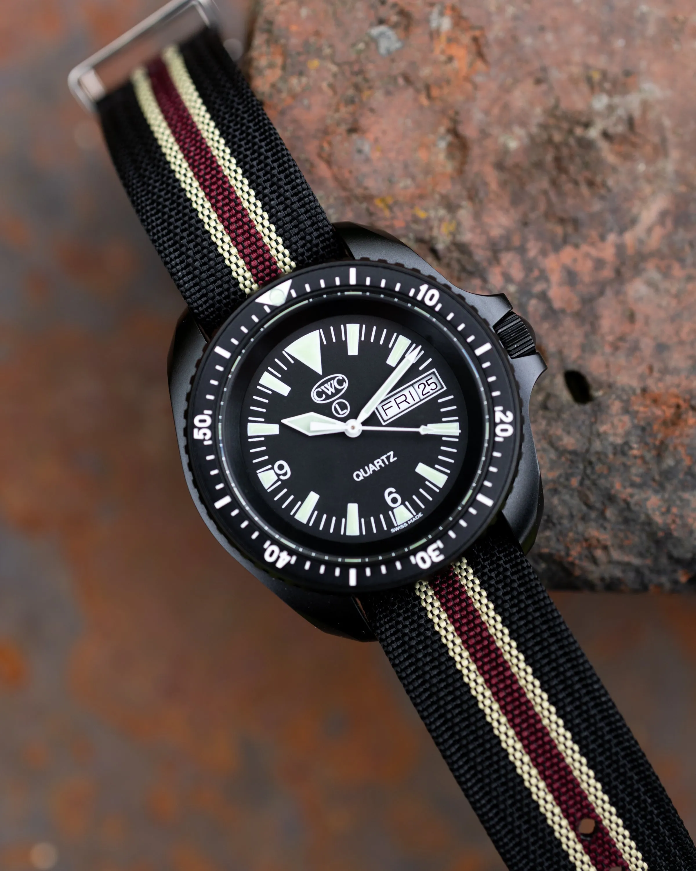 Premium Nylon Braided Ribbed Single Pass Watch Strap - Black Khaki Red