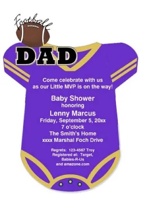 PURPLE AND GOLD FOOTBALL ONESIE CUSTOM INVITATION