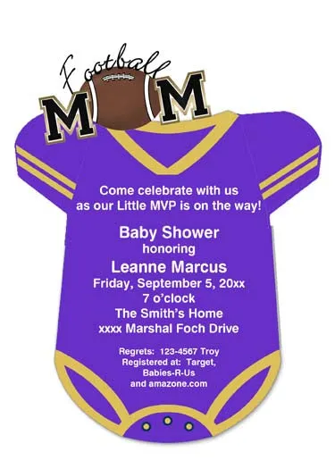 PURPLE AND GOLD FOOTBALL ONESIE CUSTOM INVITATION