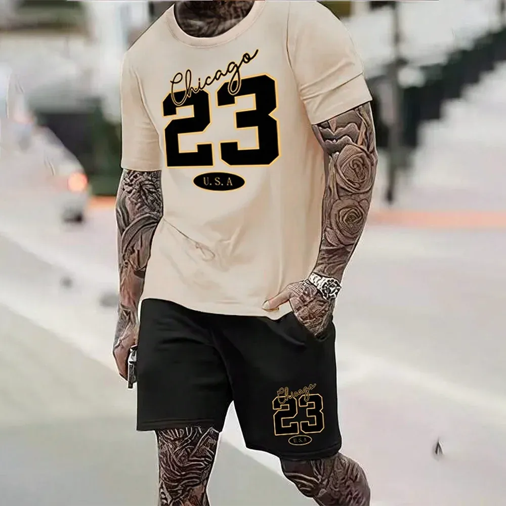 Quick-Drying Men’s Short-Sleeved Summer Casual Set with Digital Print