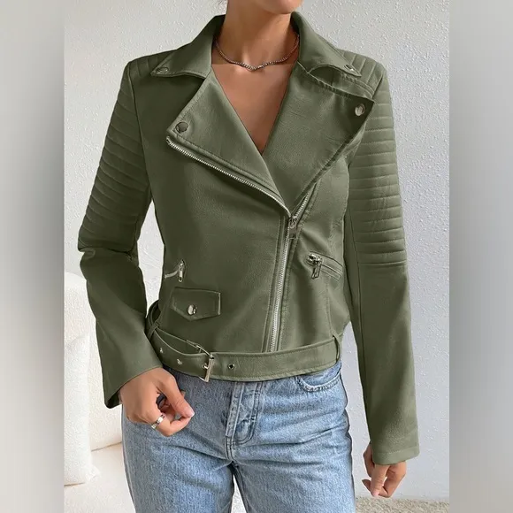 Quilted detail White vegan leather jacket zip arms coat