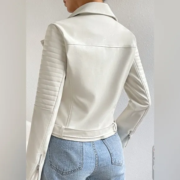 Quilted detail White vegan leather jacket zip arms coat