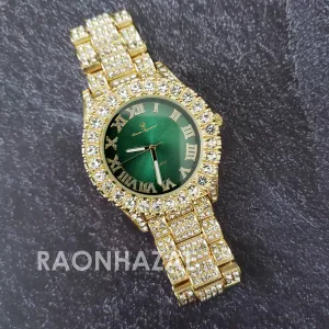 Raonhazae Hi Hop Iced Lab Diamond Meek Mill Drake Green Face 14K Gold Plated Watch with 10mm Cuban Link Bracelet Set