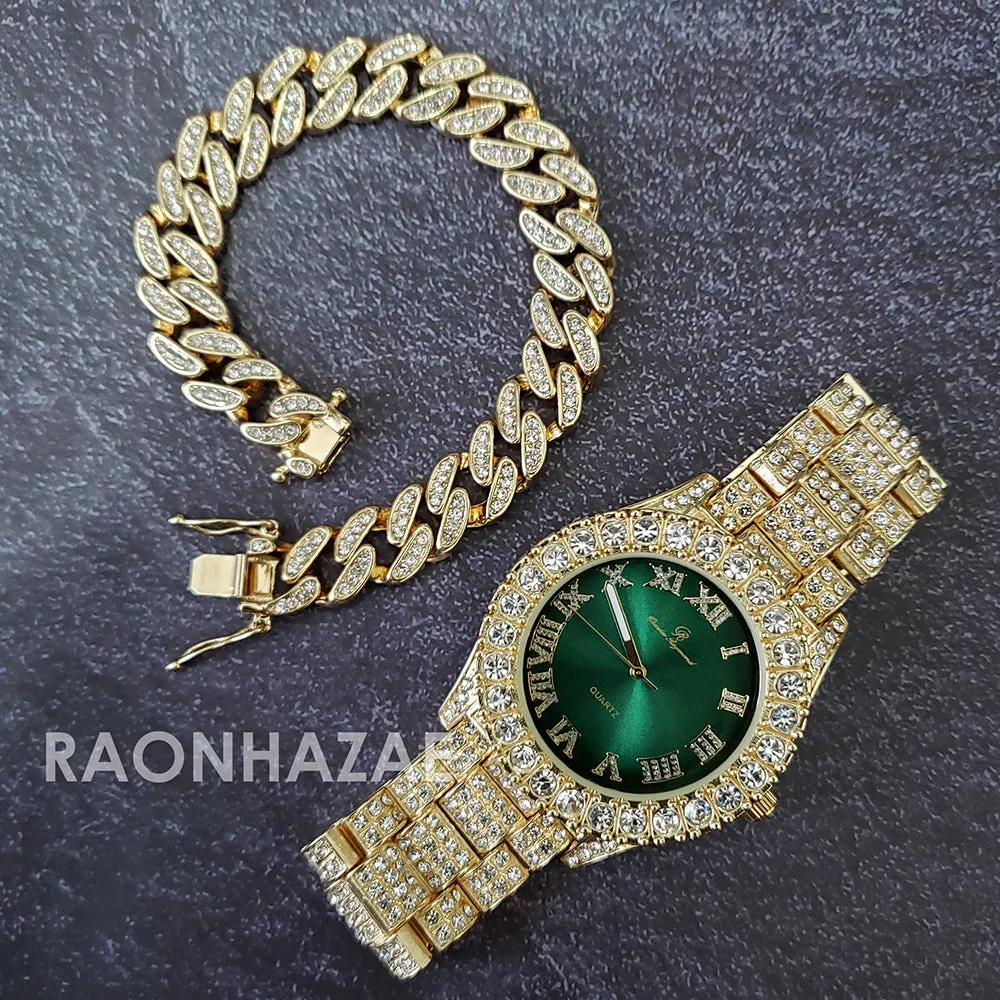 Raonhazae Hi Hop Iced Lab Diamond Meek Mill Drake Green Face 14K Gold Plated Watch with 10mm Cuban Link Bracelet Set