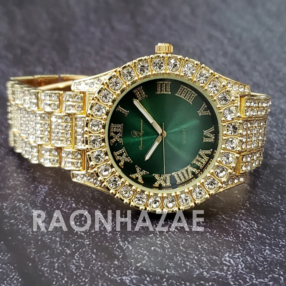 Raonhazae Hi Hop Iced Lab Diamond Meek Mill Drake Green Face 14K Gold Plated Watch with 10mm Cuban Link Bracelet Set