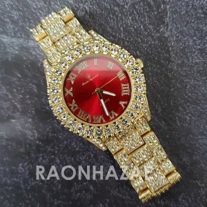 Raonhazae Hi Hop Iced Lab Diamond Meek Mill Drake Red Face 14K Gold Plated Watch with 12mm Cuban Link Bracelet Set