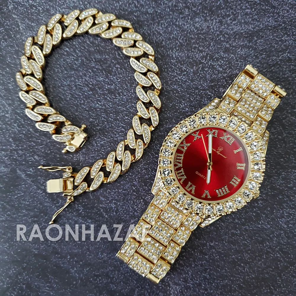 Raonhazae Hi Hop Iced Lab Diamond Meek Mill Drake Red Face 14K Gold Plated Watch with 12mm Cuban Link Bracelet Set