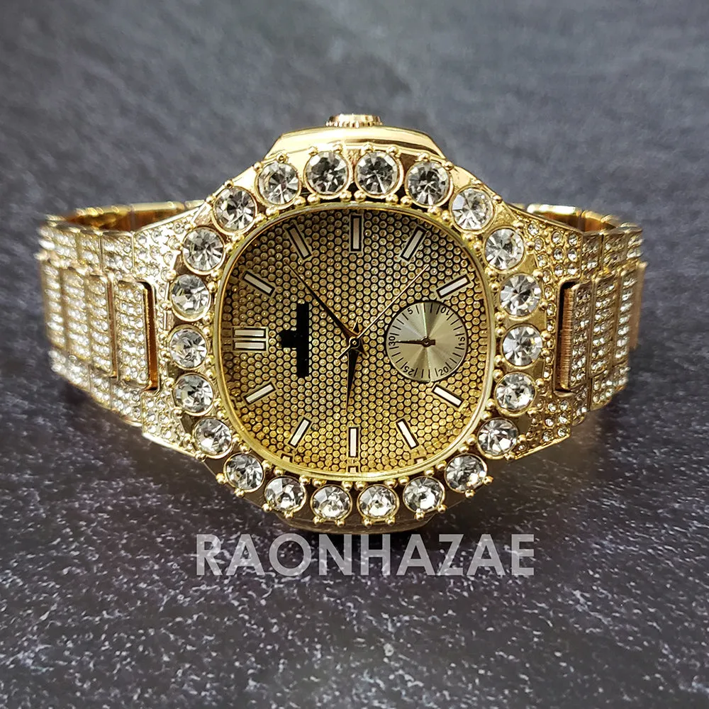 Raonhazae Hip Hop Iced Lab Diamond 14K De La Soul Gold Plated Black Face Watch with Stones
