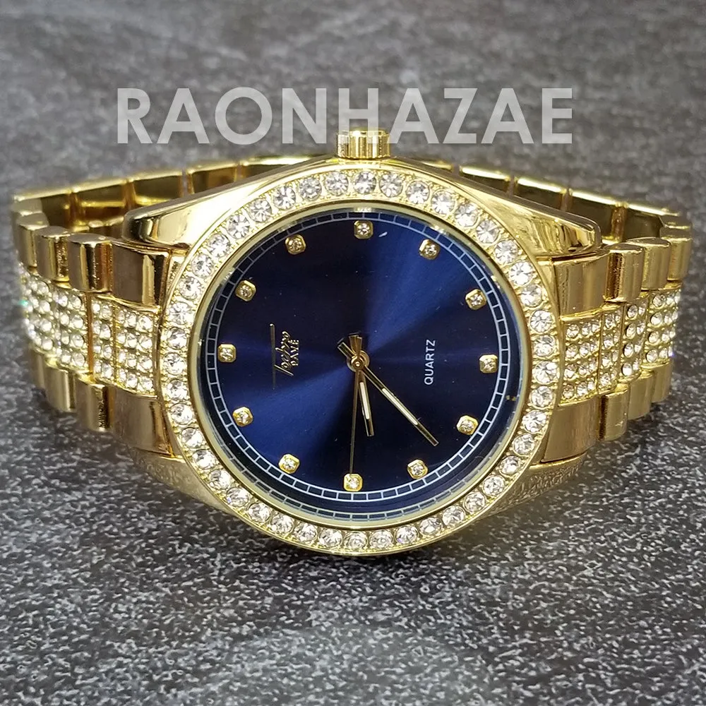Raonhazae Hip Hop Iced Lab Diamond 14K Gold Plated Blue Face Watch with Stone