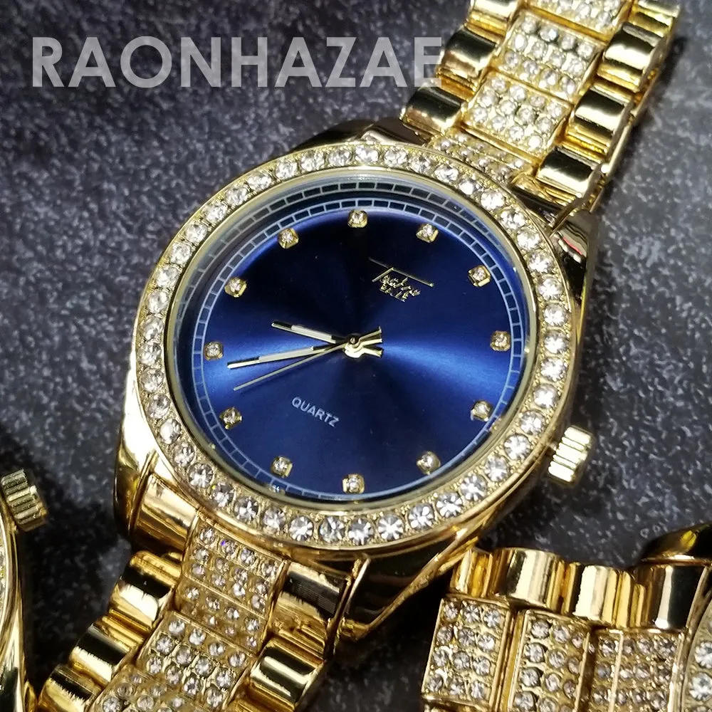 Raonhazae Hip Hop Iced Lab Diamond 14K Gold Plated Blue Face Watch with Stone