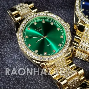 Raonhazae Hip Hop Iced Lab Diamond 14K Gold Plated Green Face Watch with Stone