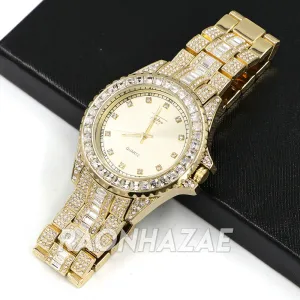 Raonhazae Hip Hop Iced Lab Diamond Akon 14K Gold Plated Watch with Stone - G11