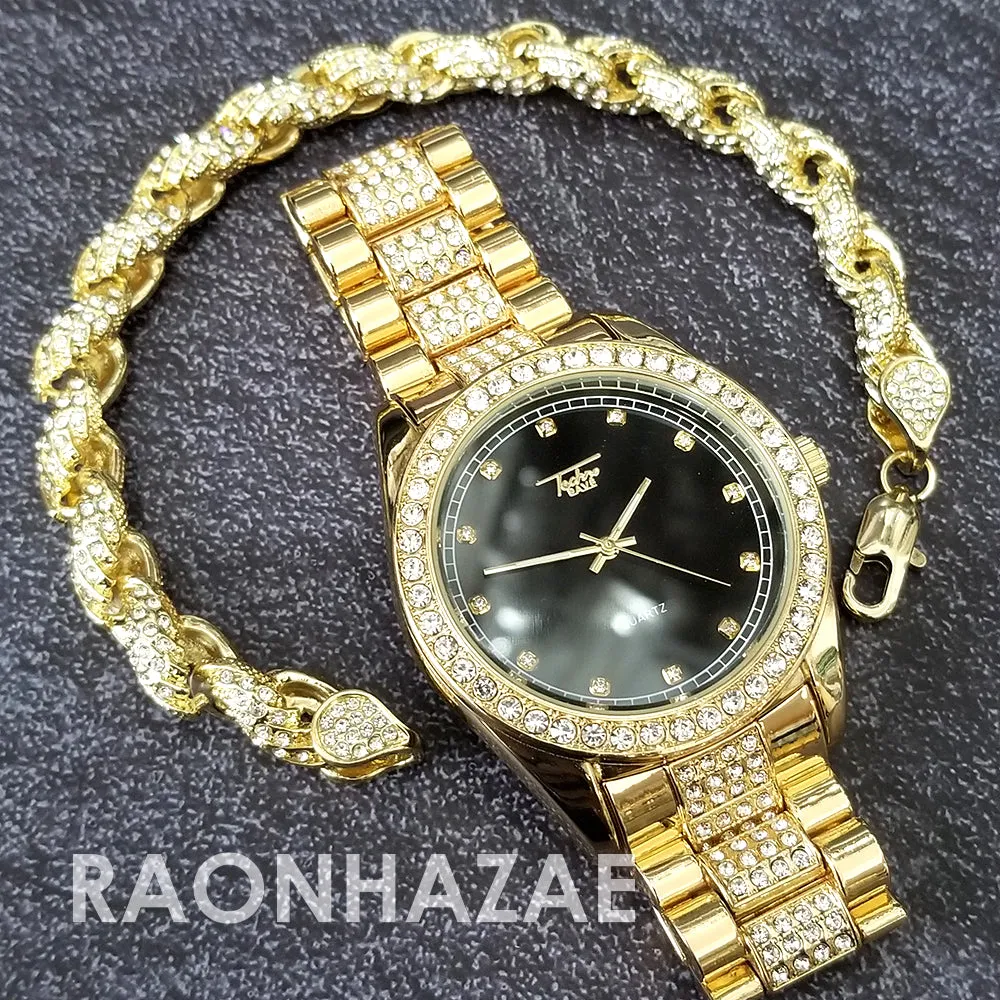 Raonhazae Hip Hop Iced Lab Diamond Black Face Drake 14K Gold Plated Watch with Rope Bracelet Set - GTR001