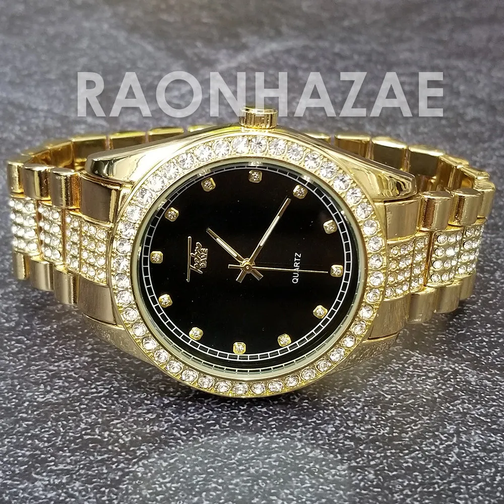 Raonhazae Hip Hop Iced Lab Diamond Black Face Drake 14K Gold Plated Watch with Rope Bracelet Set - GTR001