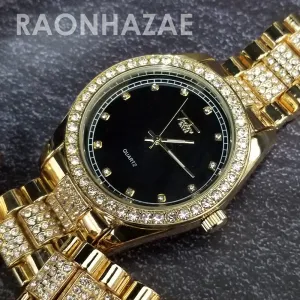 Raonhazae Hip Hop Iced Lab Diamond Black Face Drake 14K Gold Plated Watch with Rope Bracelet Set - GTR001