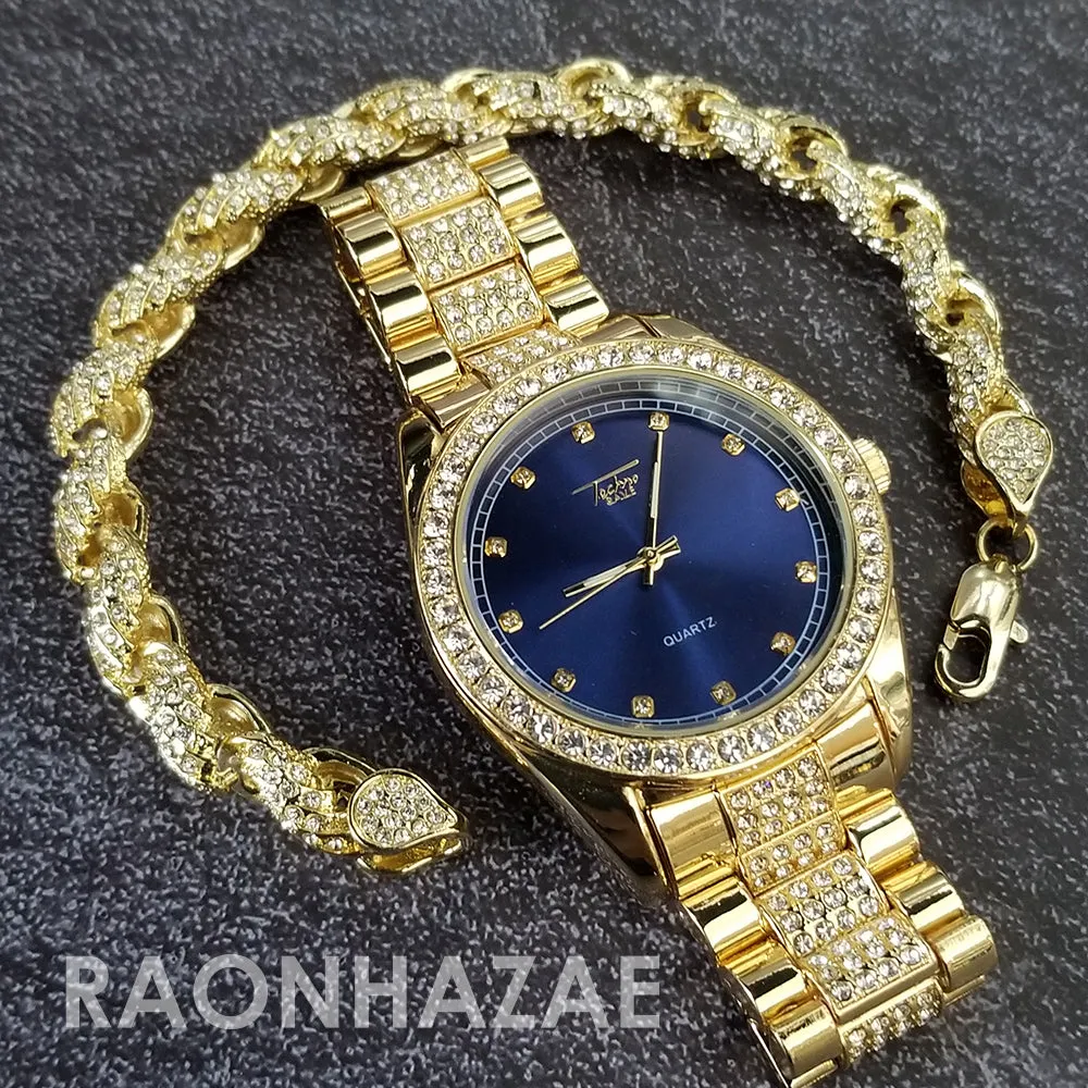 Raonhazae Hip Hop Iced Lab Diamond Blue Face Drake 14K Gold Plated Watch with Rope Bracelet Set - GTR001
