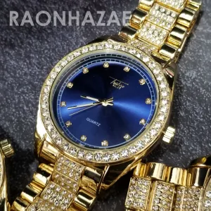 Raonhazae Hip Hop Iced Lab Diamond Blue Face Drake 14K Gold Plated Watch with Rope Bracelet Set - GTR001