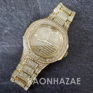 Raonhazae Hip Hop Iced Lab Diamond Drake 14K Gold Plated Watch with 12mm Cuban Link Bracelet Set
