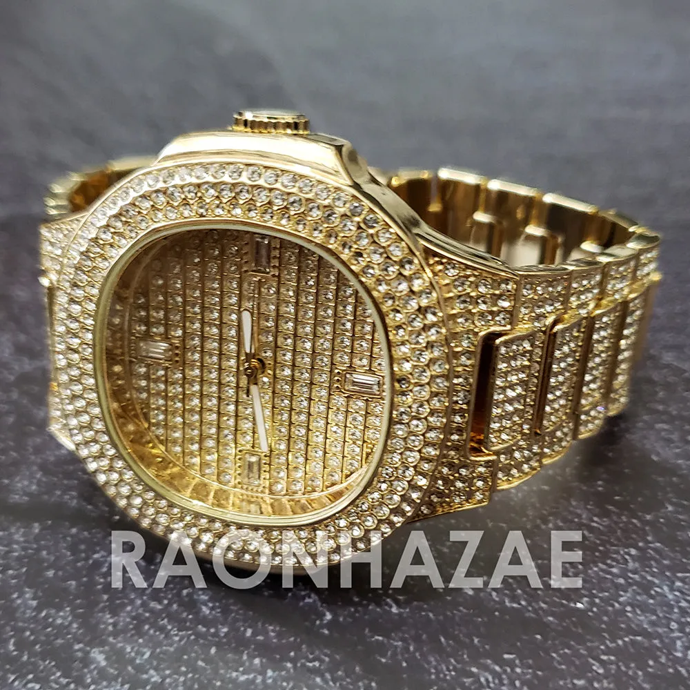 Raonhazae Hip Hop Iced Lab Diamond Drake 14K Gold Plated Watch with 12mm Cuban Link Bracelet Set