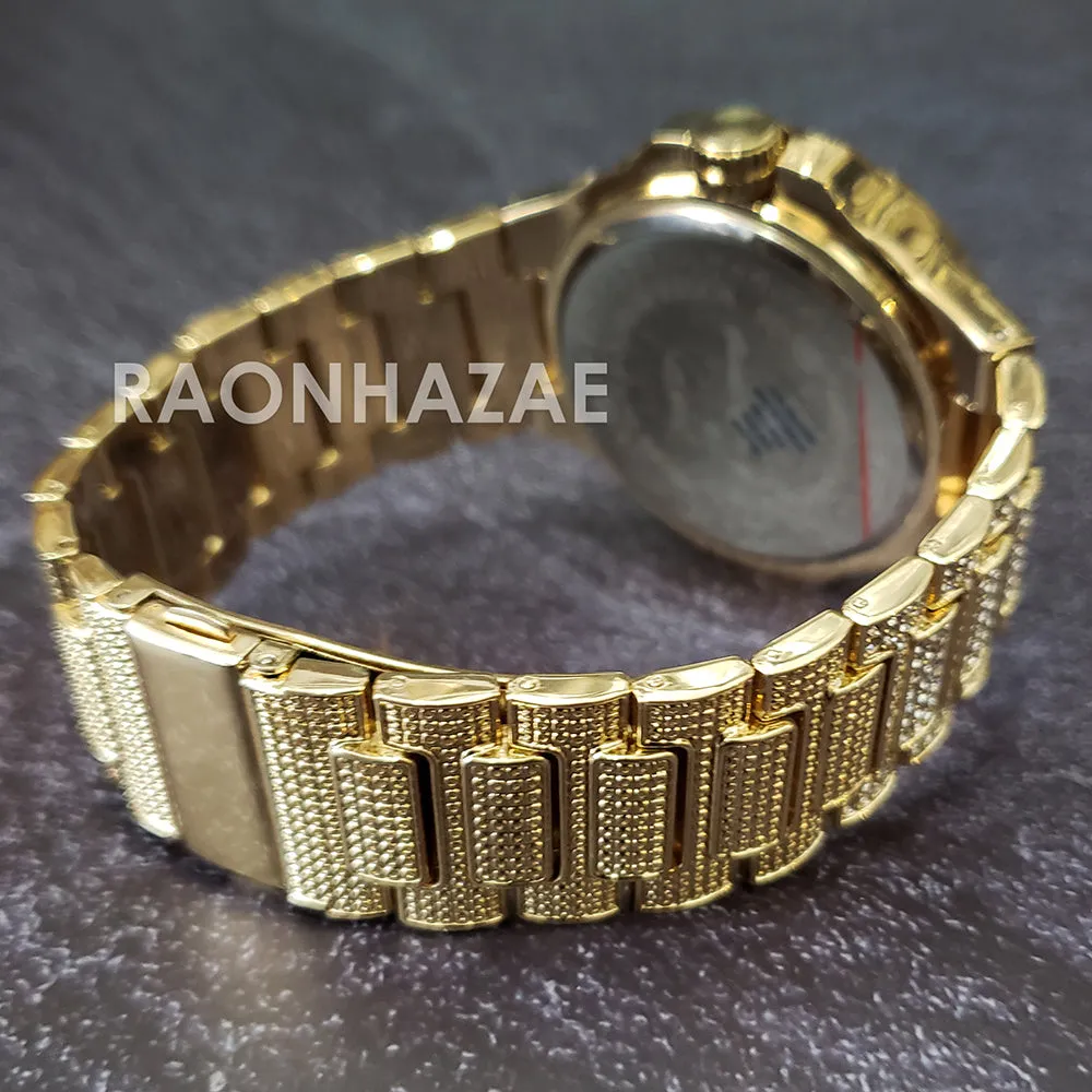 Raonhazae Hip Hop Iced Lab Diamond Drake 14K Gold Plated Watch with 12mm Cuban Link Bracelet Set