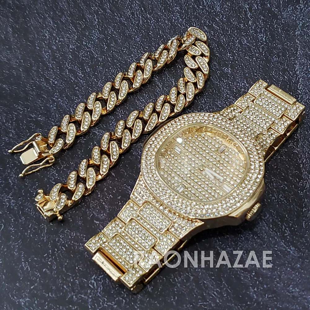 Raonhazae Hip Hop Iced Lab Diamond Drake 14K Gold Plated Watch with 12mm Cuban Link Bracelet Set