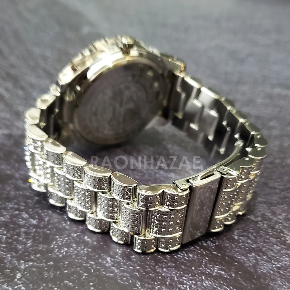 Raonhazae Hip Hop Iced Lab Diamond Drake 14K White Gold Plated Watch with 12mm Cuban Link Bracelet Set