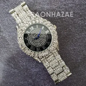 Raonhazae Hip Hop Iced Lab Diamond Drake 14K White Gold Plated Watch with 12mm Cuban Link Bracelet Set
