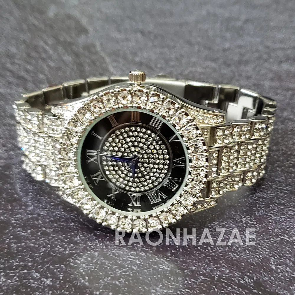 Raonhazae Hip Hop Iced Lab Diamond Drake 14K White Gold Plated Watch with 12mm Cuban Link Bracelet Set