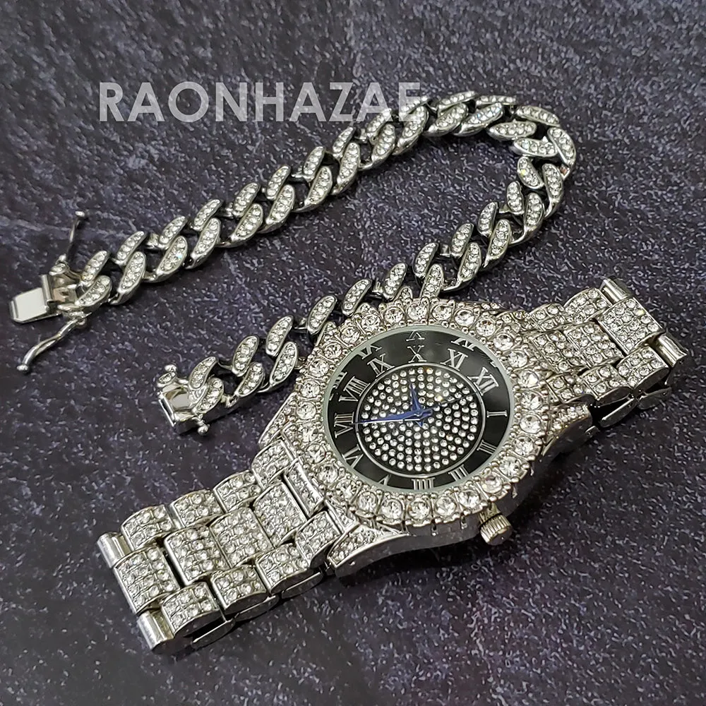 Raonhazae Hip Hop Iced Lab Diamond Drake 14K White Gold Plated Watch with 12mm Cuban Link Bracelet Set
