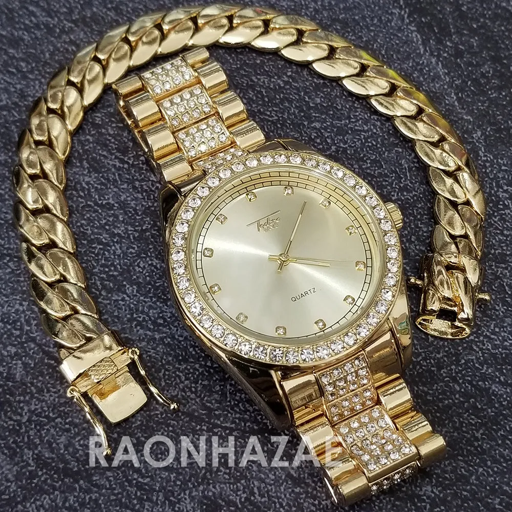Raonhazae Hip Hop Iced Lab Diamond Gold Face Drake 14K Gold Plated Watch with Miami Cuban Chain Set - GTX004
