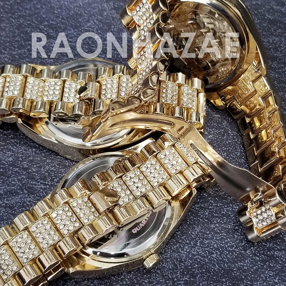 Raonhazae Hip Hop Iced Lab Diamond Gold Face Drake 14K Gold Plated Watch with Miami Cuban Chain Set - GTX004