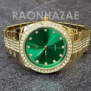 Raonhazae Hip Hop Iced Lab Diamond Green Face Drake 14K Gold Plated Watch with Rope Bracelet Set - GTR004
