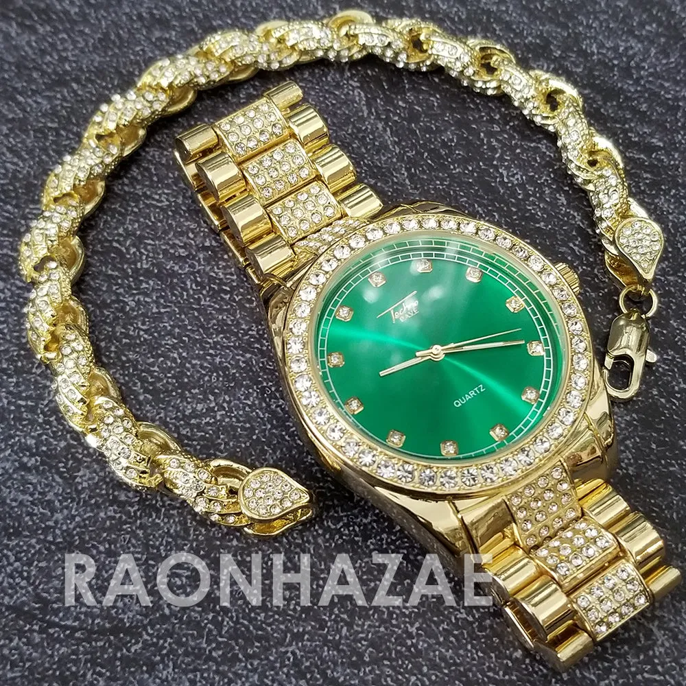 Raonhazae Hip Hop Iced Lab Diamond Green Face Drake 14K Gold Plated Watch with Rope Bracelet Set - GTR004
