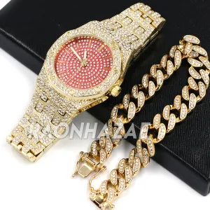 Raonhazae Hip Hop Iced Lab Diamond  Watch and 12mm Cuban Link Bracelet Set