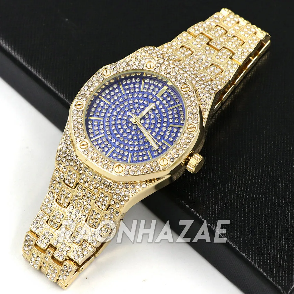 Raonhazae Iced Lab Diamond Watch w/ 15mm Cuban Link Bracelet Set